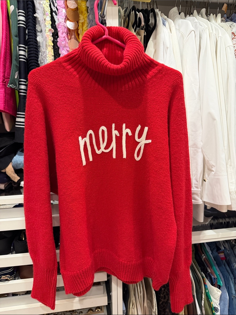 Petal & Pup Red Turtleneck Sweater with White 'merry' Script